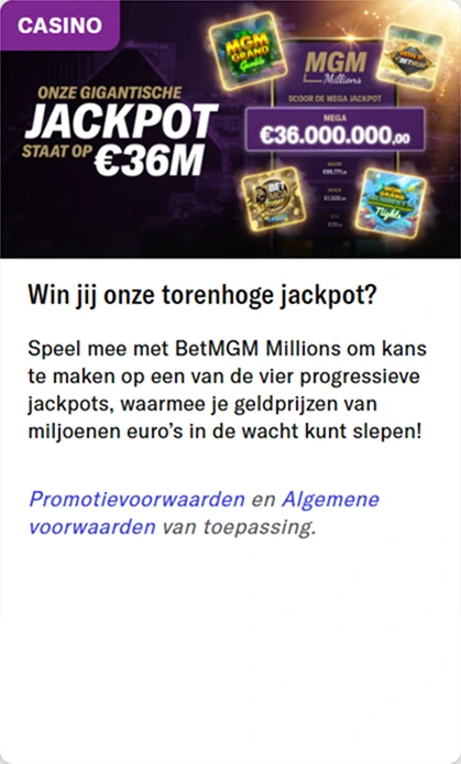 Jackpot €36M — Grote BetMGM Casino jackpot van €36 miljoen, progressieve prijzenpot
