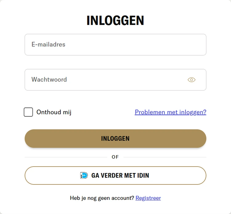 Inloggen scherm — BetMGM inlogpagina met e-mail, wachtwoord en iDIN-optie