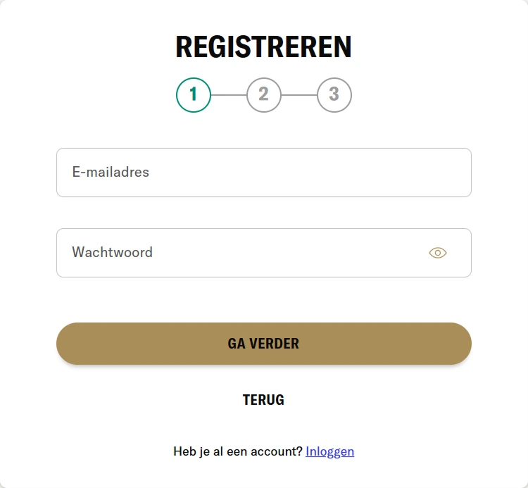 Registratie stap 1 — Eerste stap van registratie bij BetMGM met e-mail en wachtwoordvelden