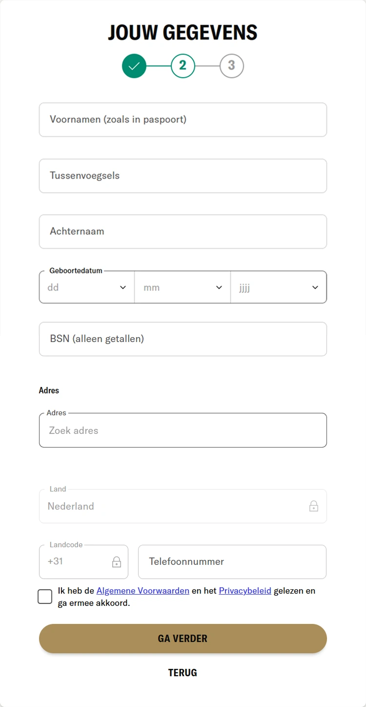 Registratie stap 2 — Tweede stap registratie BetMGM met persoonlijke gegevens en adresvelden