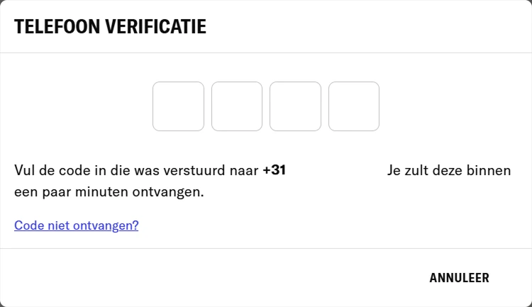 Telefoonverificatie scherm — Verificatiepagina voor BetMGM-account via SMS-code