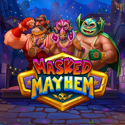 Masked Mayhem — Gokkast Masked Mayhem met drie gemaskerde worstelaars in kleurrijke stad